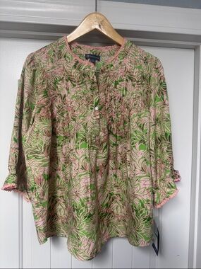 NWT Green & Pink Leaf Print Button Front Blouse
